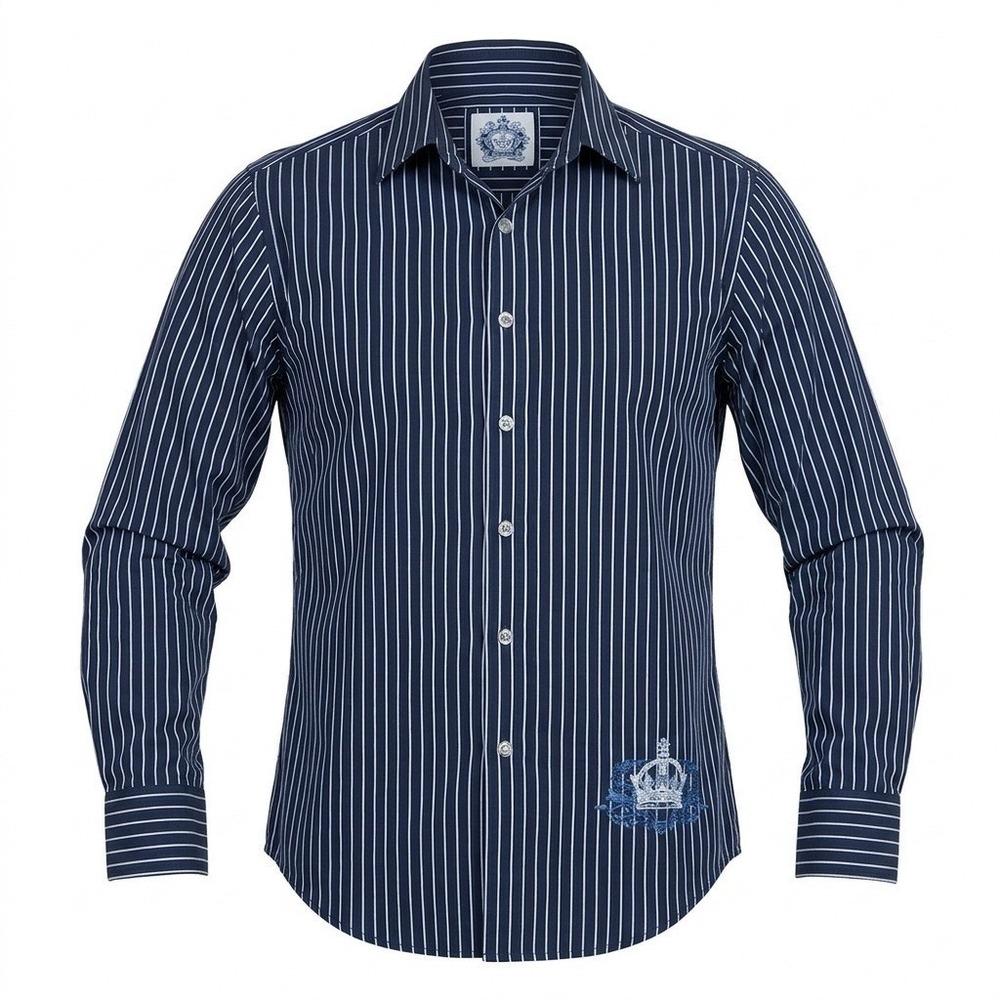 Level Ten Y2K Elegant Navy Pinstripe Dress Shirt Royal Crown Emblem Mens XL